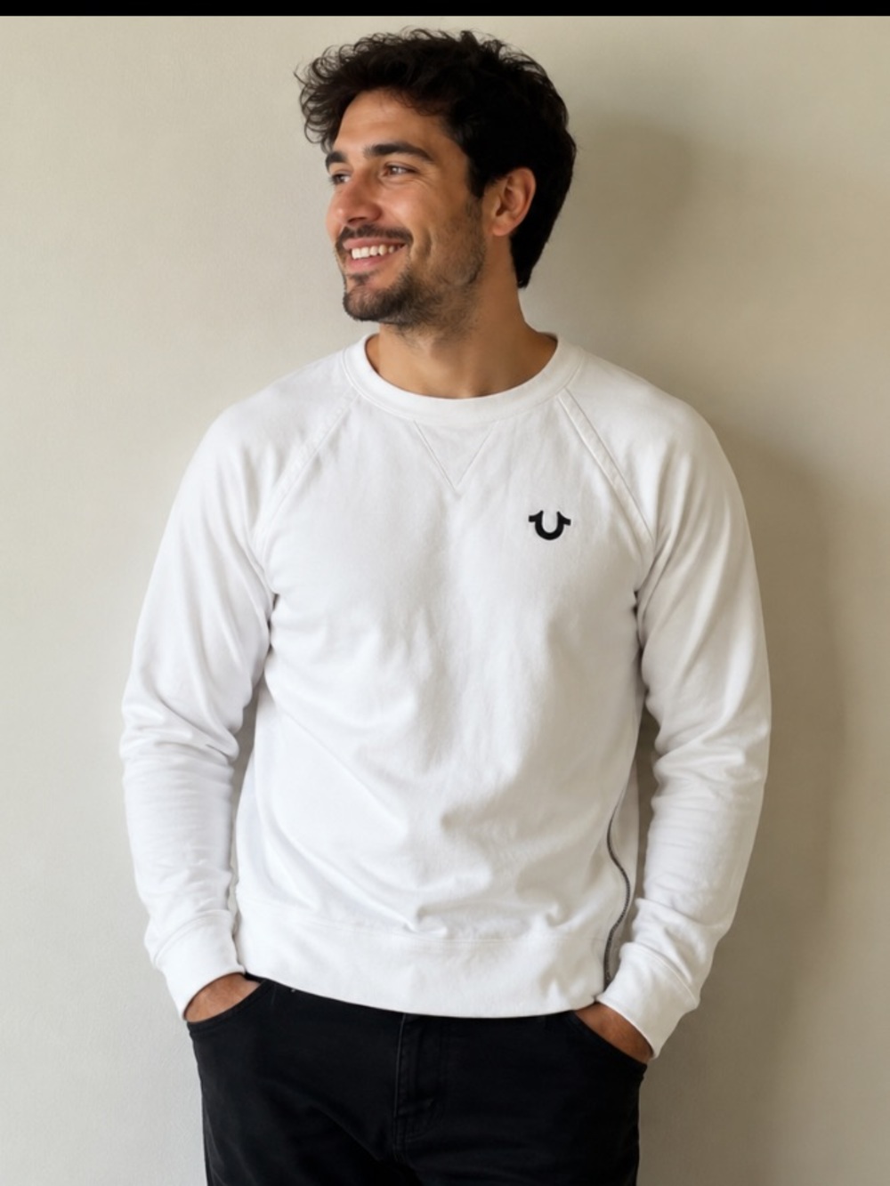 True Religion White Crew Sweatshirt with Side Zip Accent